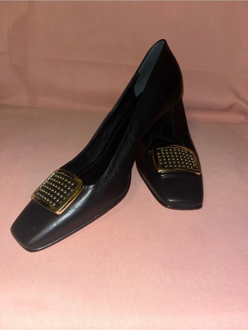 Napoleoni Black Women's leather Square-Toe Flats with Gold Studded Buckle Accent